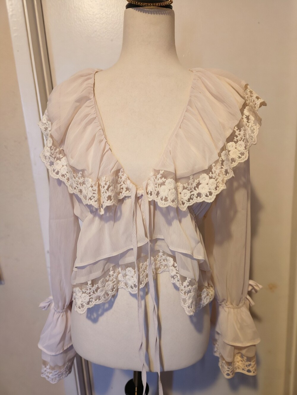 Commense Soft Blush Ruffle Lace Tie-Front Blouse